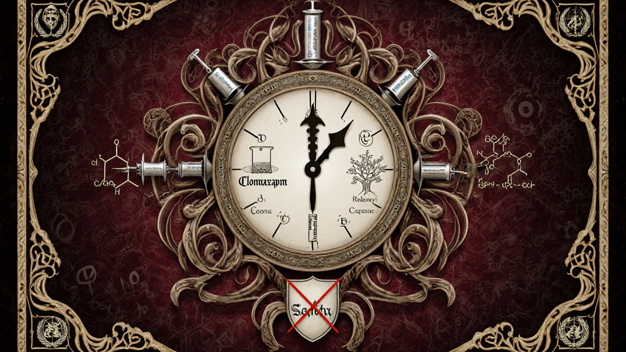 Clock with syringe hands showing drug development stages, surrounded by rejected names and scientific patterns.