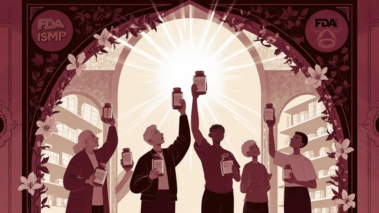 Diverse individuals hold medication bottles under a sunburst, surrounded by ivy and lilies, symbolizing collective safety action.