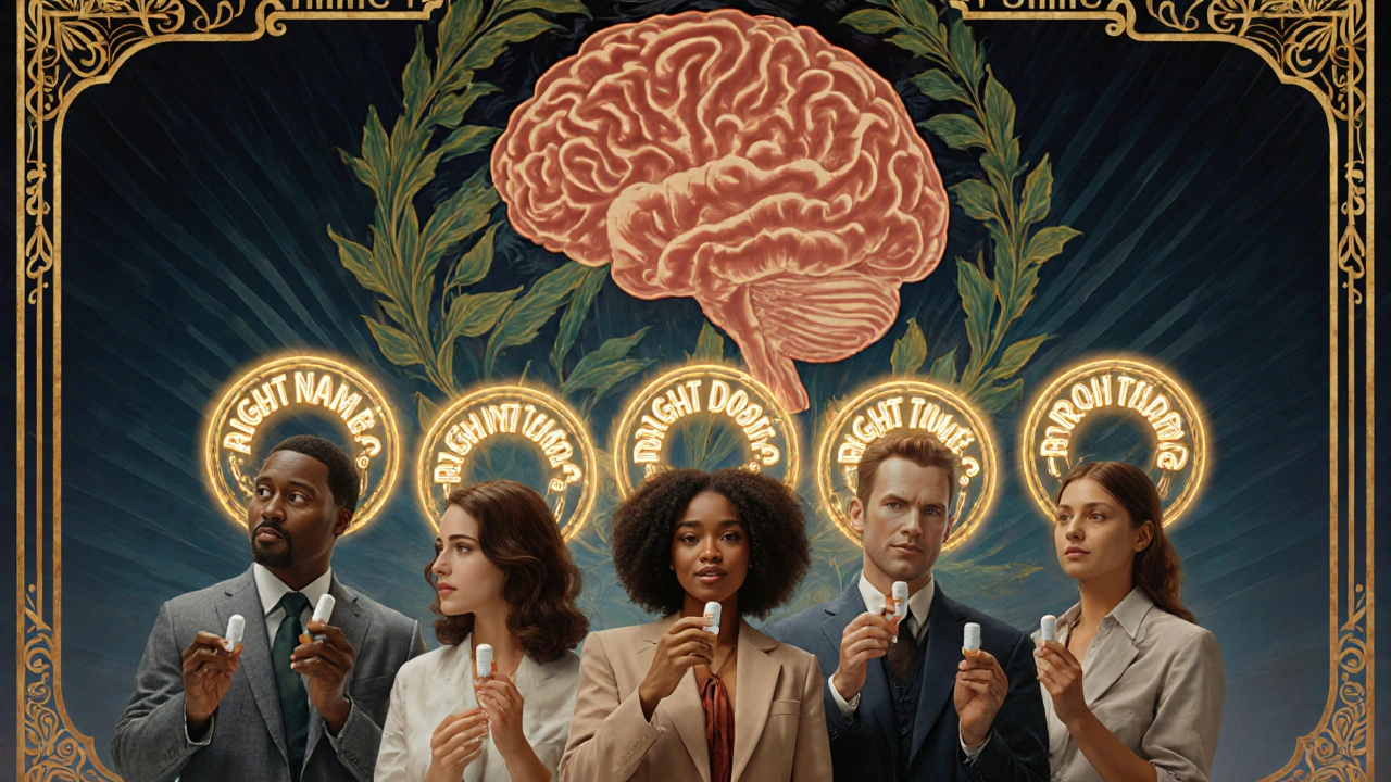 Diverse people pausing with pills, golden checklists glowing above them, heart and brain intertwined with medicinal leaves in background.