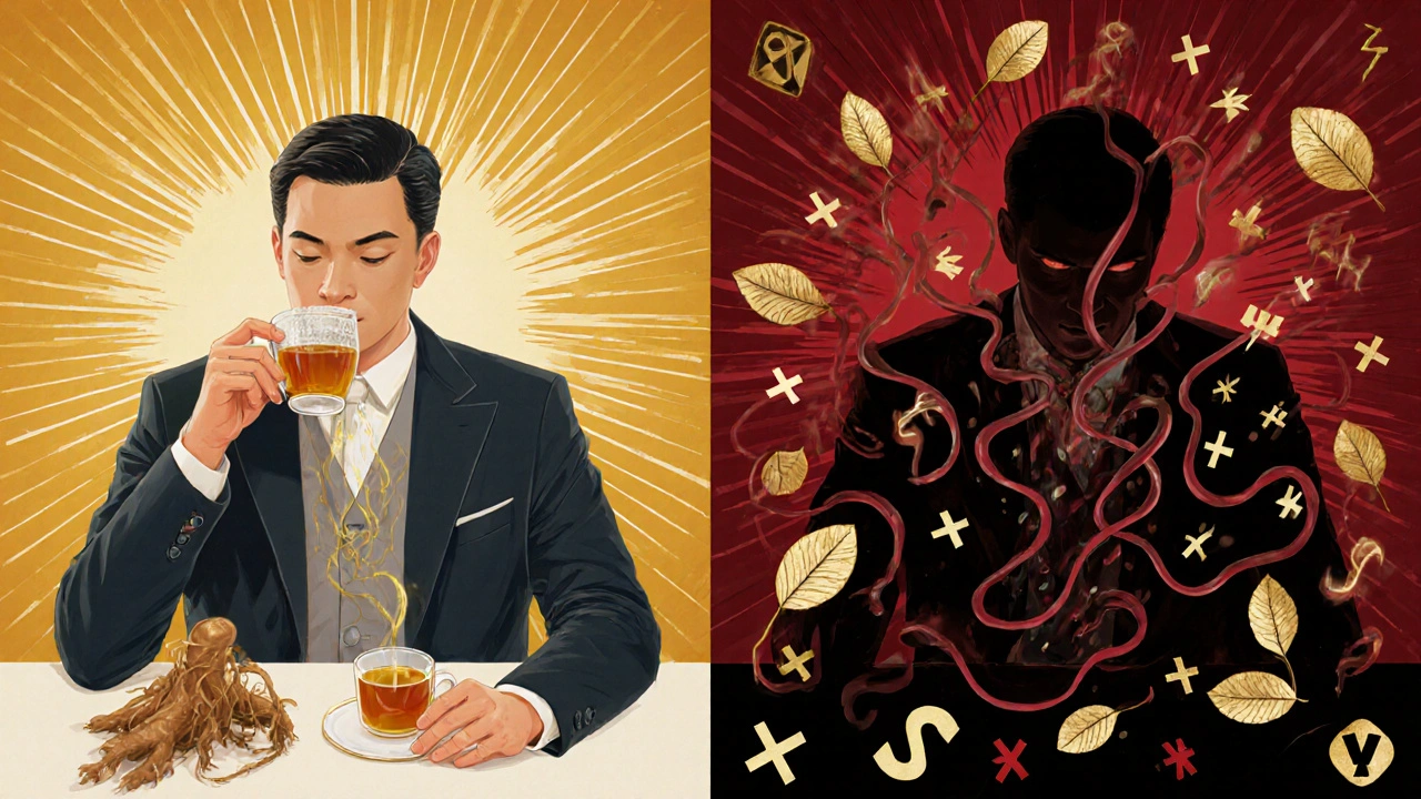 Dual image: one side calm with glowing ginseng, other side dark with falling blood sugar arrows in Art Nouveau style.