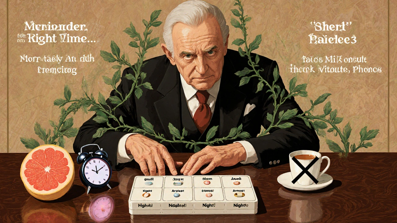 Elderly man with pill organizer and alarm, grapefruit and tea crossed out, surrounded by elegant vines and woodwork.