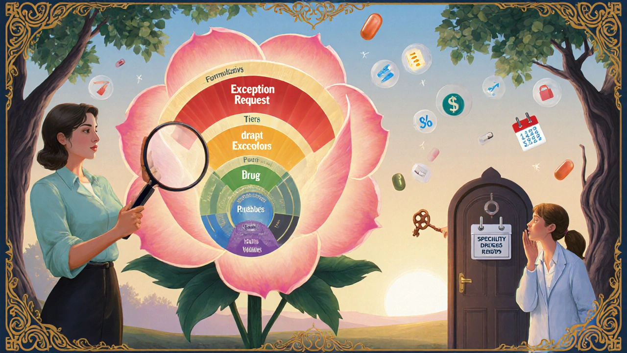 Employee examining a flower-shaped formulary chart with doctor and care manager offering a key to specialty drugs.