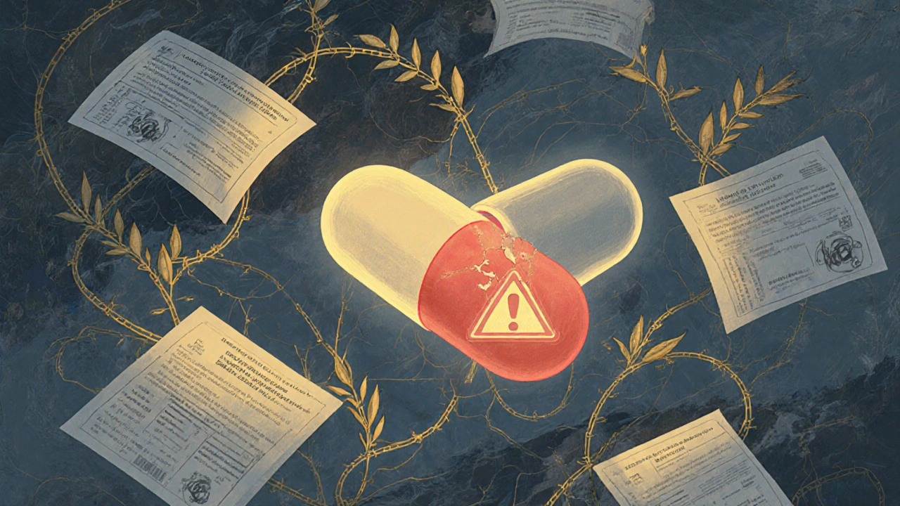 Floating pills and prescription labels form a glowing network, one cracked pill reveals a warning symbol amid swirling vines.