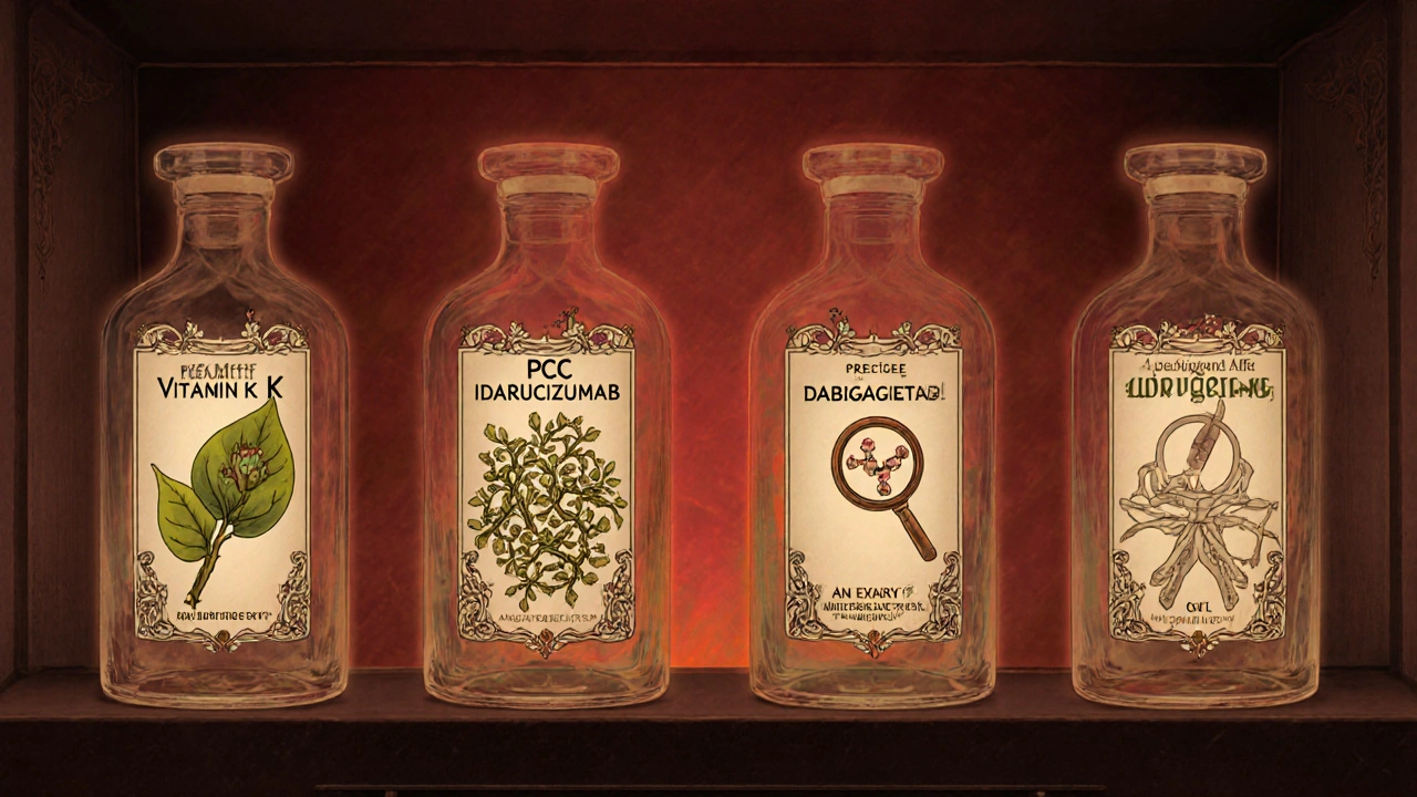 Four anticoagulant reversal agents displayed as ornate bottles with floral motifs representing their functions in a pharmacy.