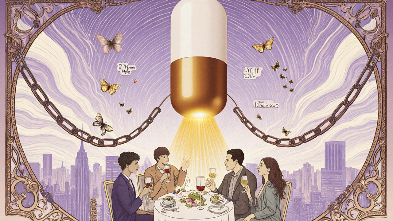 Giant pill casting golden light over city, dissolving myth chains, butterflies representing harmless acetaldehyde.