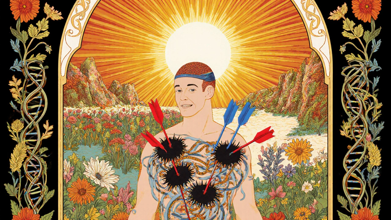 Human body made of DNA and flowers, chemotherapy arrows destroying thorn-like tumors, light shining from above.