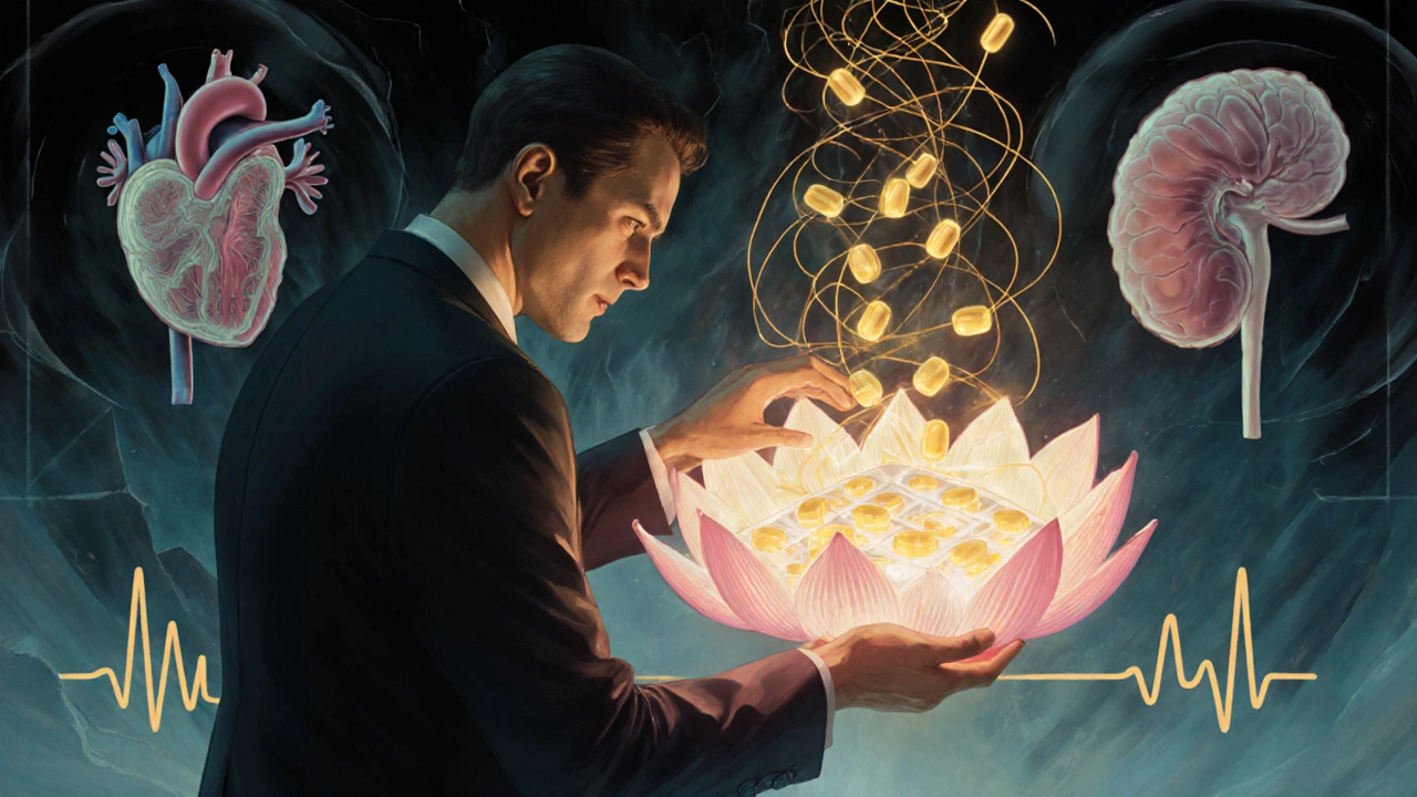 Man reaching for a lotus-shaped pill organizer as shadowy organs fade behind glowing pills.