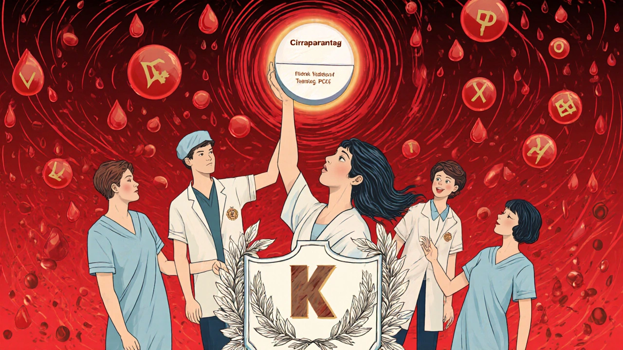 Medical team defending a patient from bleeding with PCC and Vitamin K, while a future universal antidote glows in the distance.