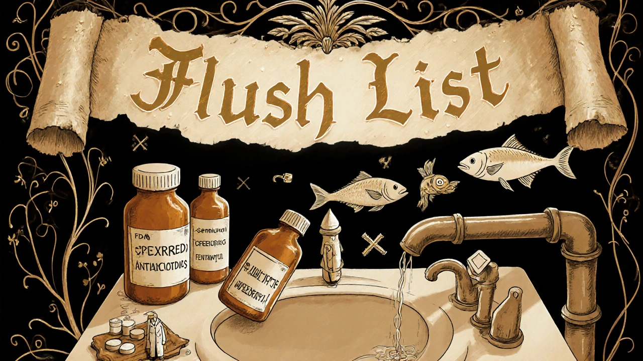 Medicine bottles spill from a vanity into a pipe that turns into fish in lab coats, with a glowing FDA flush list above.