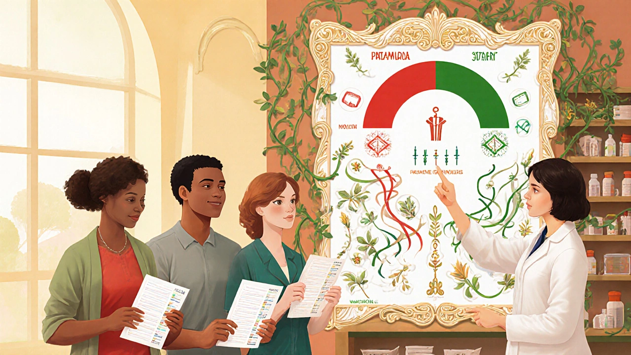 Patients hold medication lists as a pharmacist explains drug interactions using flowing, colorful vines and symbols.