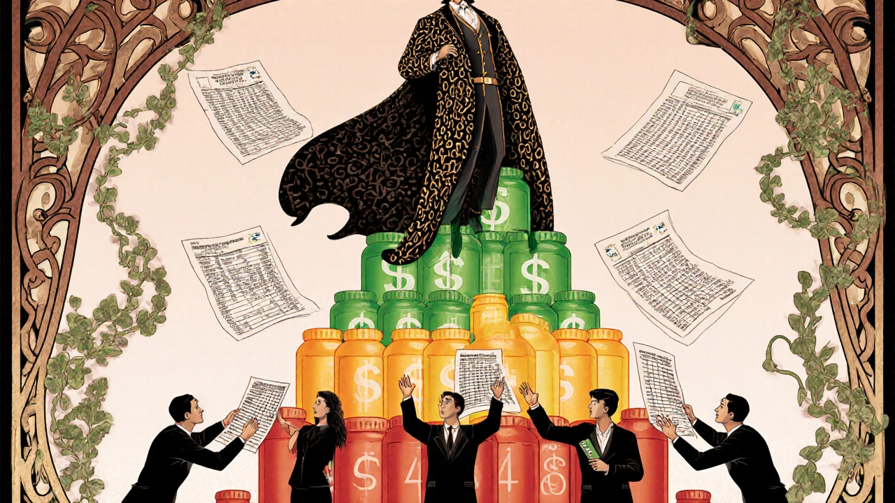 PBM figure atop a tiered pyramid of prescription bottles, employees reaching for formulary vines in gilded Art Nouveau design.