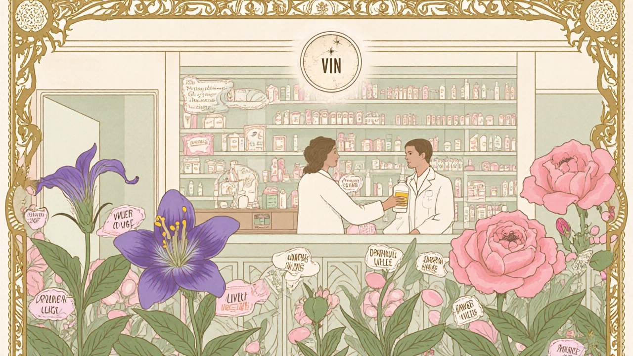Pharmacist counter with drug-class flowers growing from the counter, doctor and patient exchanging a bottle.