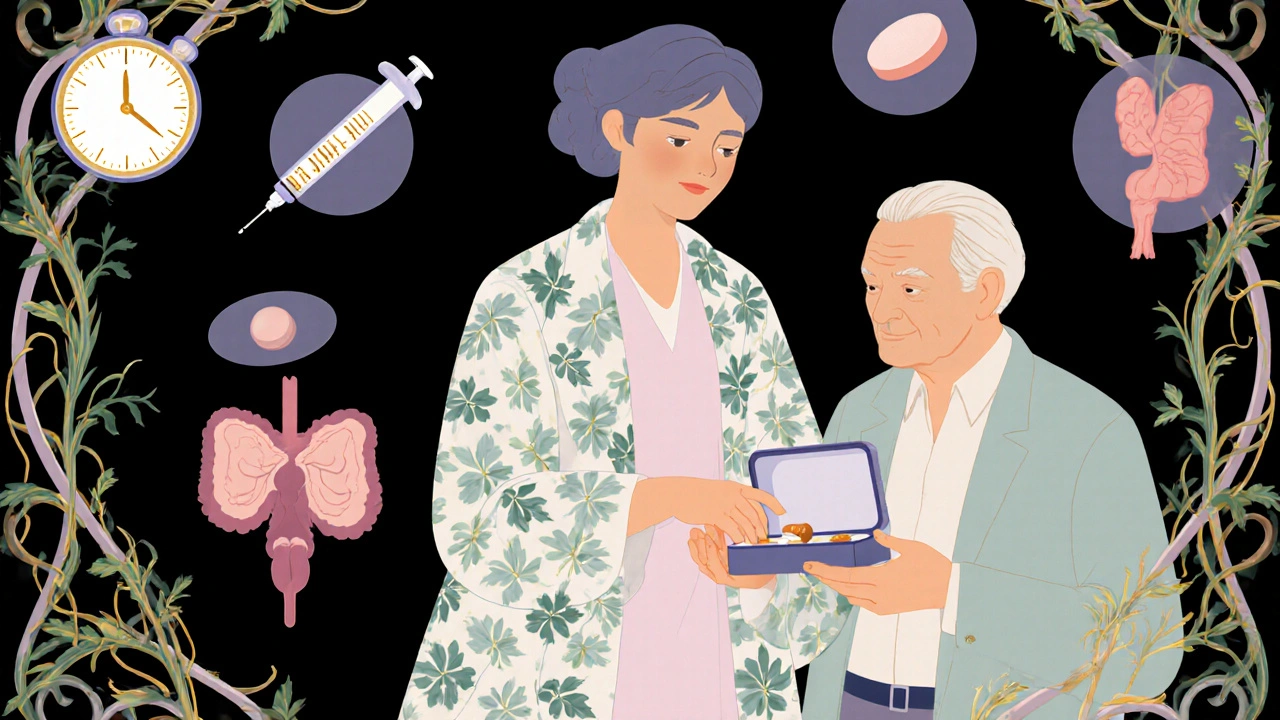 Pharmacist giving a pillbox to a patient, surrounded by floating medical icons in protective vines.
