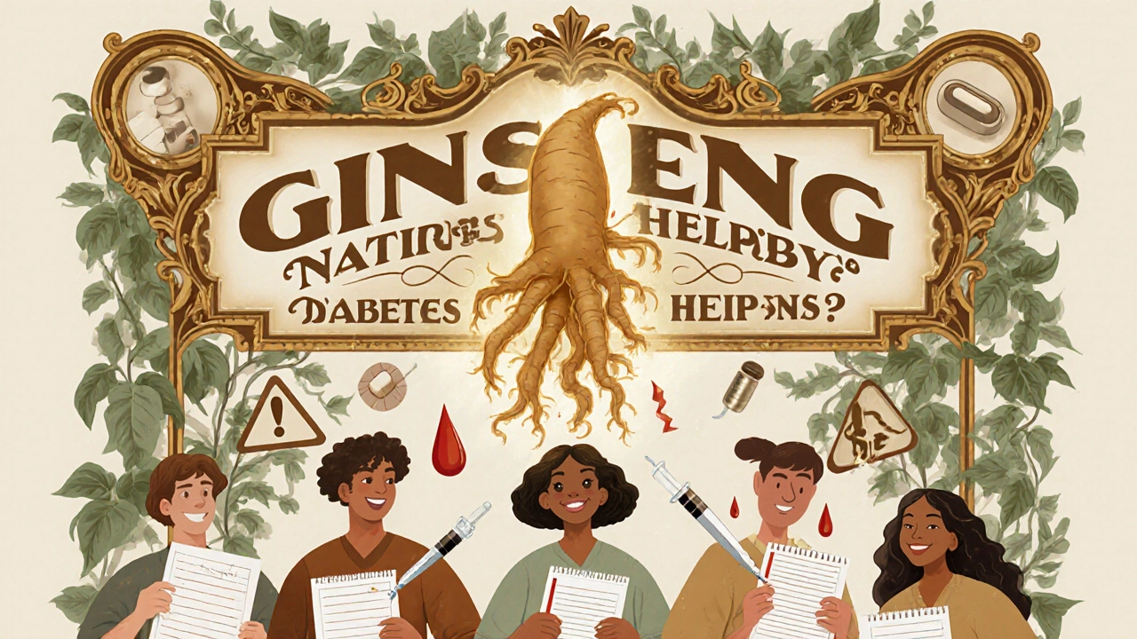 Pharmacy sign with ginseng root and medical icons, people reacting to blood sugar levels in ornate Art Nouveau design.