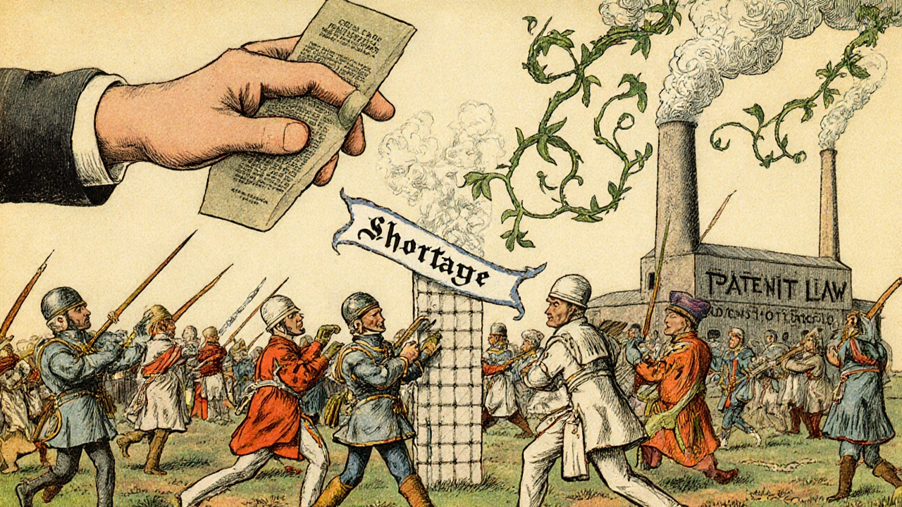 Pill soldiers battle under legal barriers, with smoke forming the word &#039;Shortage&#039; in vines.