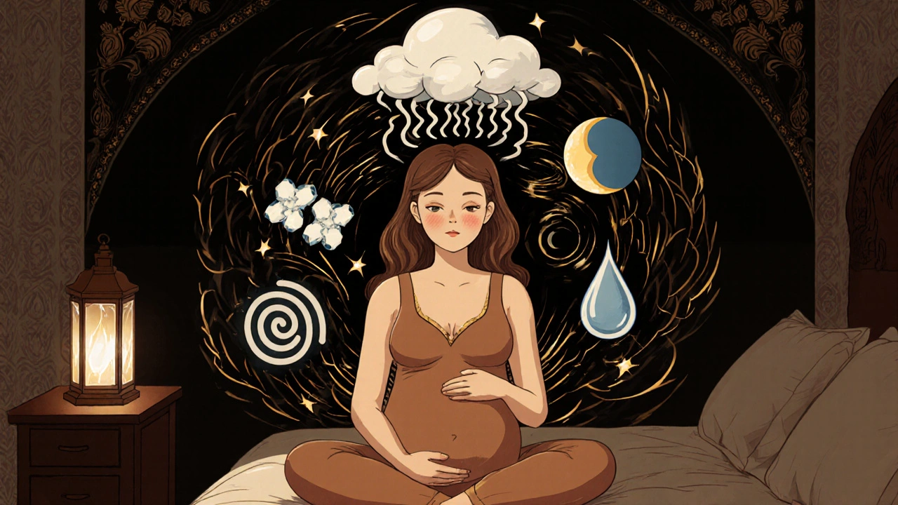 Pregnant woman at peace surrounded by natural migraine remedies like magnesium and hydration in Art Nouveau style.
