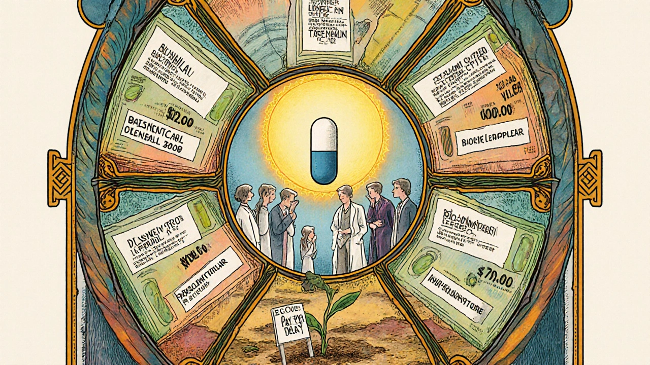 Six identical generic drugs mirror each other at high prices, while a brand pill glows centrally.
