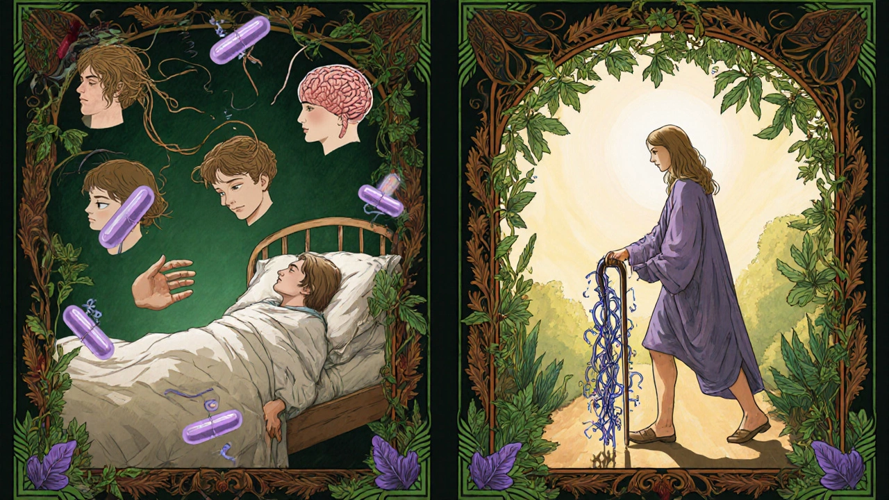 Split illustration: patient surrounded by side effect vines on one side, healed and glowing on the other.