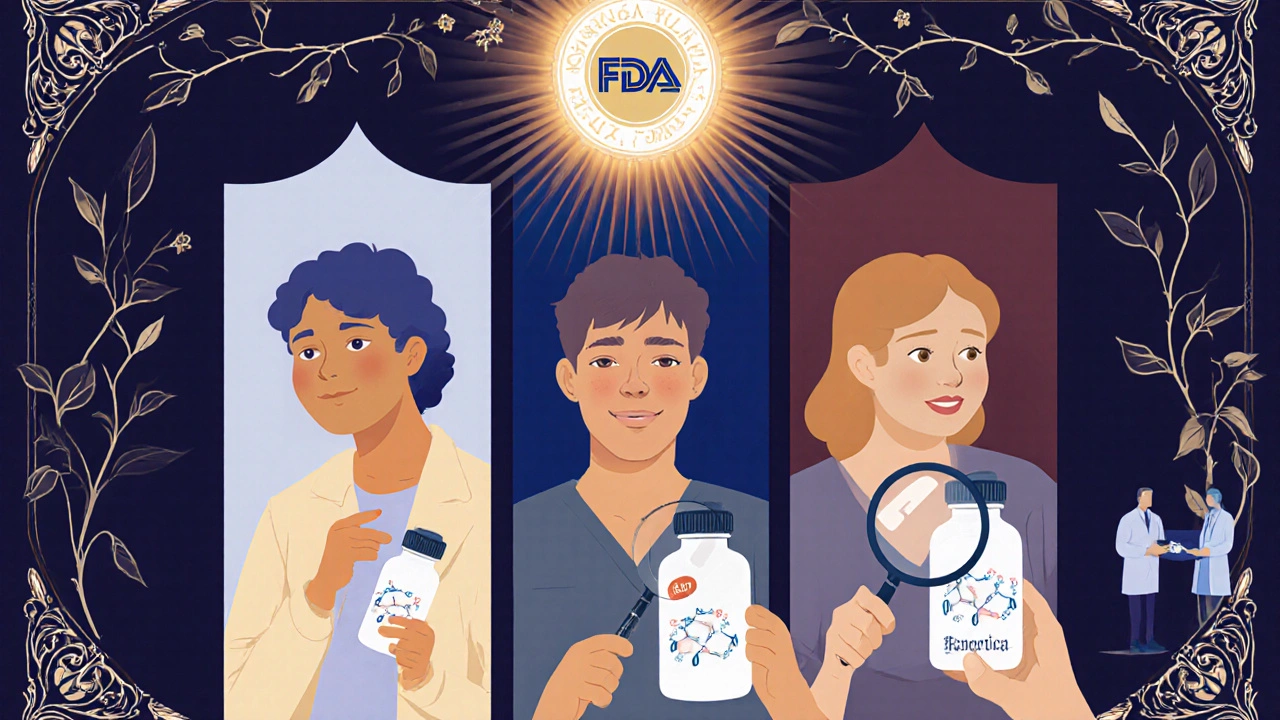 Three patients comparing pills under a glowing FDA seal, connected by elegant vines.
