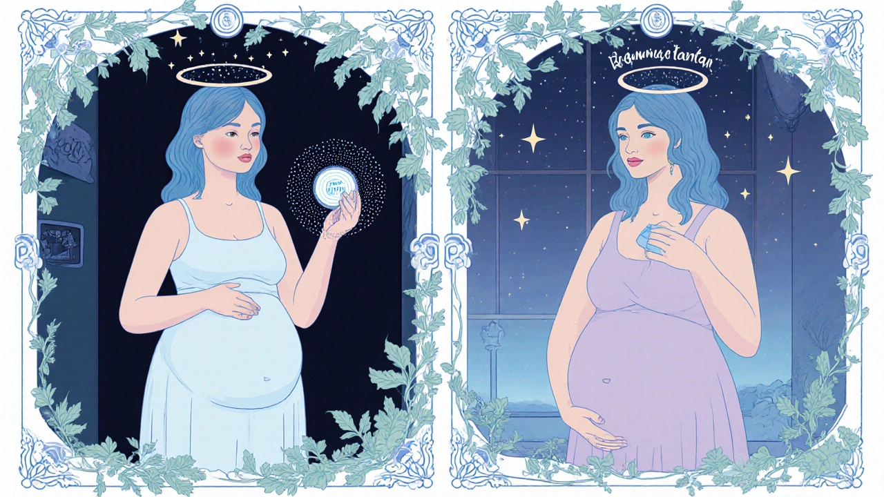 Two pregnant women comparing sumatriptan and rizatriptan with star symbols in ornate Art Nouveau poster.