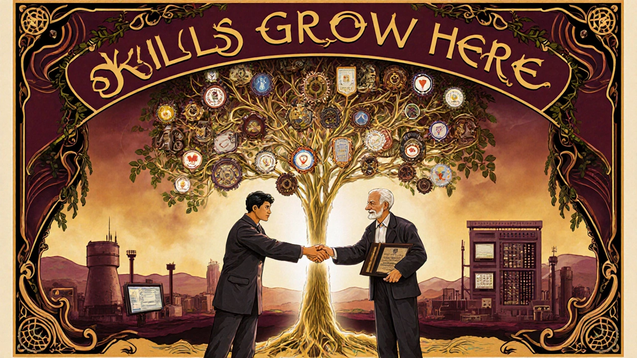 Veteran handing certification plaque to trainee beneath a micro-credential tree in decorative Art Nouveau setting.