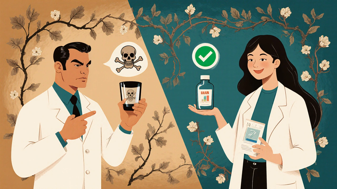 Vintage medical ad contrasting fearful doctor with calm pharmacist, vines transitioning from thorny to blooming.