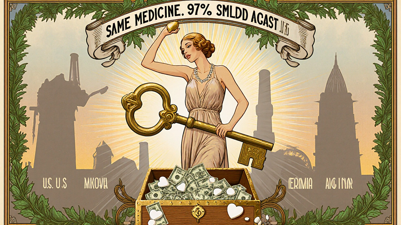Woman unlocking a chest of savings with a giant generic pill key, surrounded by factories and vines.
