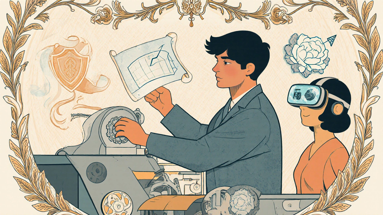 Young worker operating a CNC machine with floating safety and quality icons in ornate Art Nouveau style.