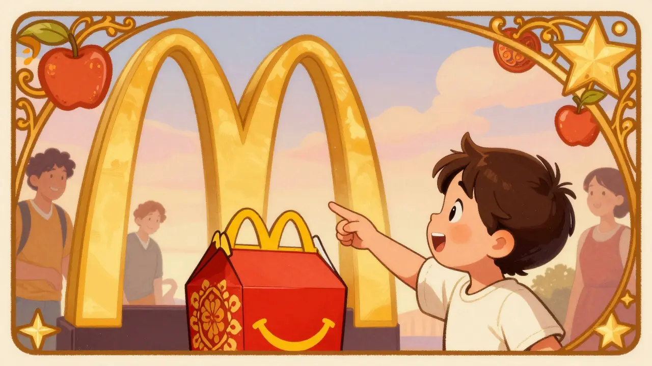 A child pointing at McDonald’s golden arches transformed into floral patterns, parents smiling nearby.