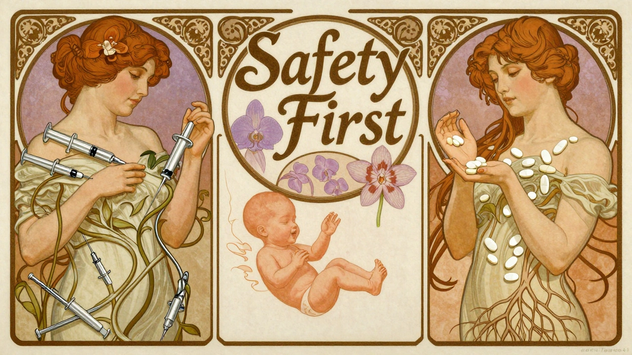 A comparison scene showing insulin and metformin as natural elements, emphasizing safety in pregnancy diabetes care.