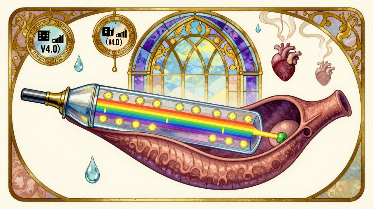 A diagnostic tube casting a colorful pressure map through the esophagus, adorned with ornamental medical icons in Art Nouveau design.