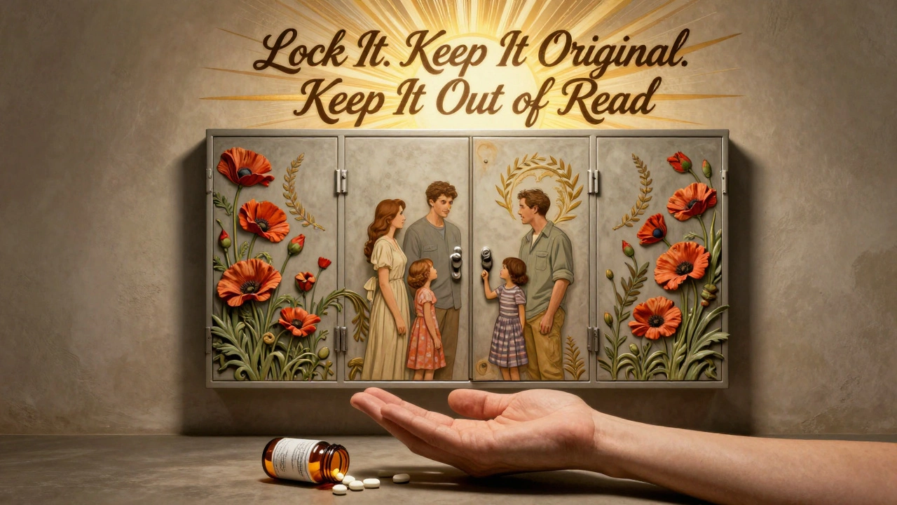 A family beside a wall-mounted locked storage unit adorned with floral motifs, while discarded pills lie in shadow below.