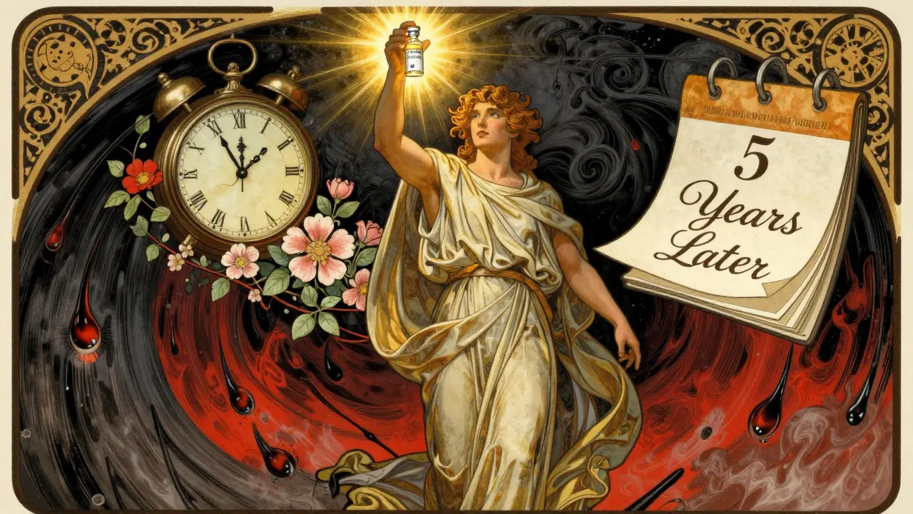 A heroic figure holding a glowing vial, defeating hives as flowers bloom around a timeline.