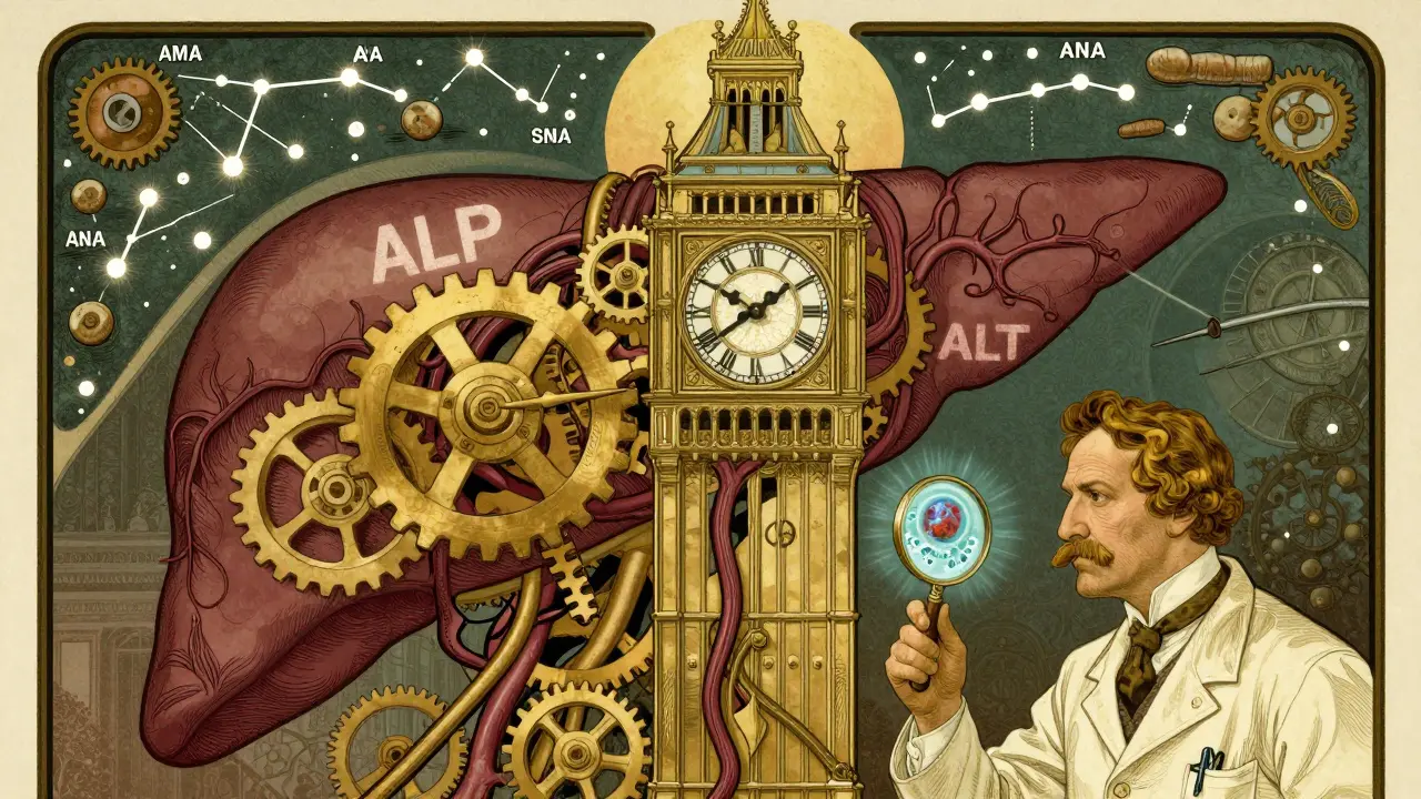 A liver clocktower with spinning ALP and ALT hands, surrounded by autoantibody constellations.