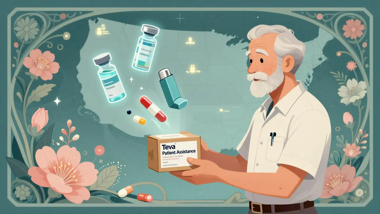 A man receives a medication box with floating drug icons surrounded by floral patterns.