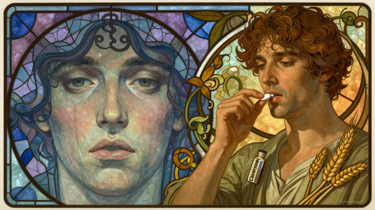 A man’s face swelling on one side, calmly taking a high-dose antihistamine on the other.