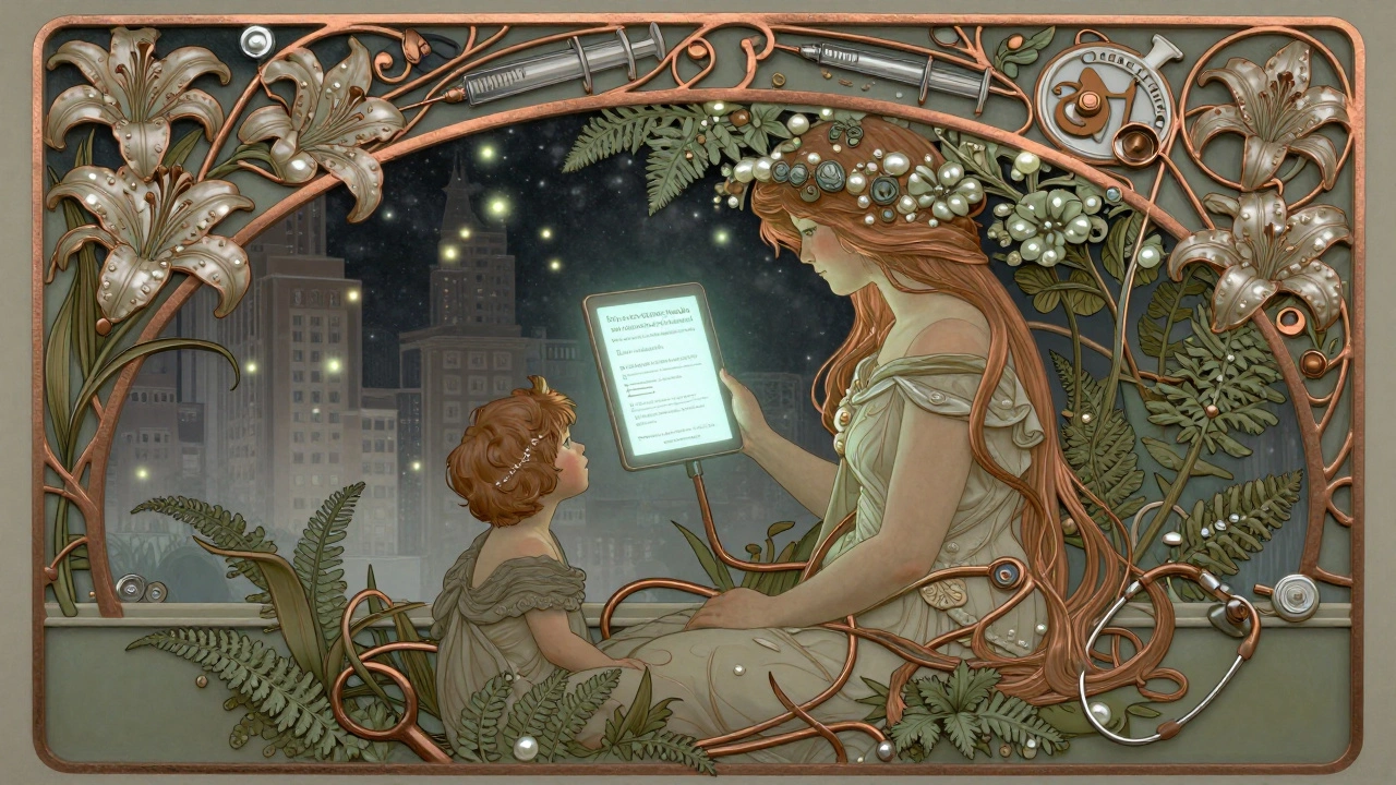 A mother and child under a medical blossom canopy, with a floating trial match and starfield of patient stories in Art Nouveau design.