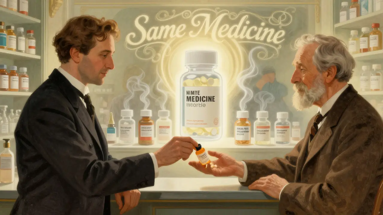 A pharmacist handing a generic pill bottle to an elderly patient, with brand-name logos fading into the same pill shape behind them.