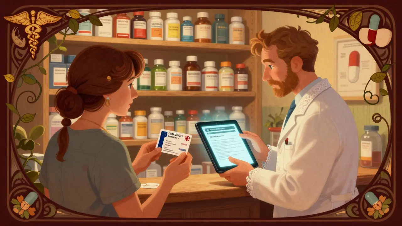 A pharmacist in rural Slovakia dispenses a cross-border e-prescription, with EU map elements and floral motifs in the background.