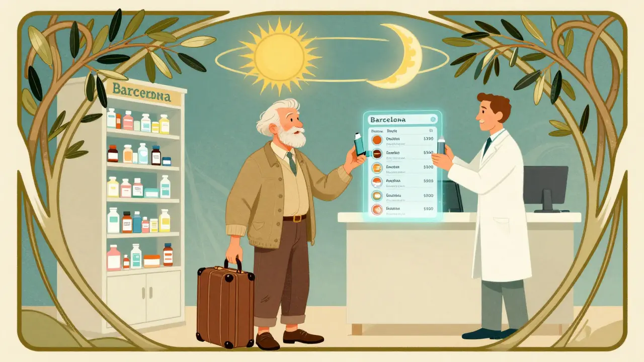 A retiree gets asthma inhalers in Spain, with digital health records floating above, symbolizing seasonal cross-border care.