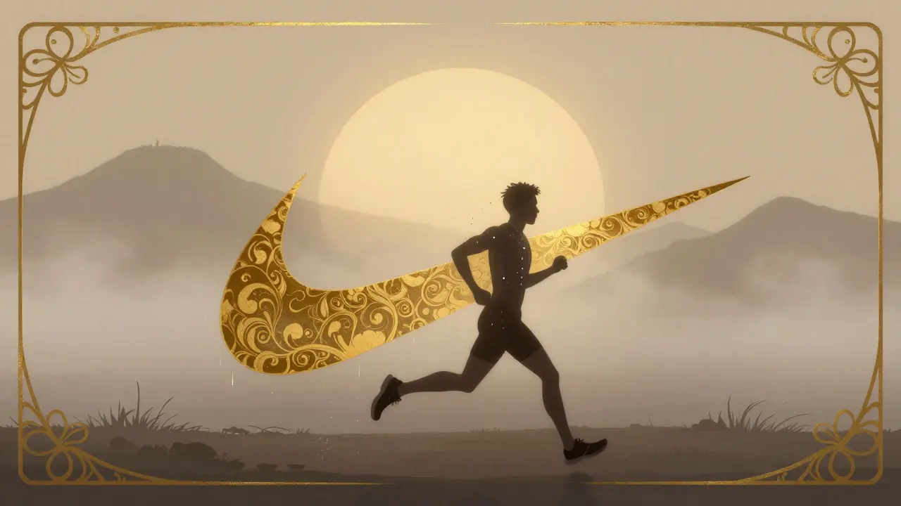 A runner at dawn with the Nike Swoosh woven into mist, golden light and mountains in the background.