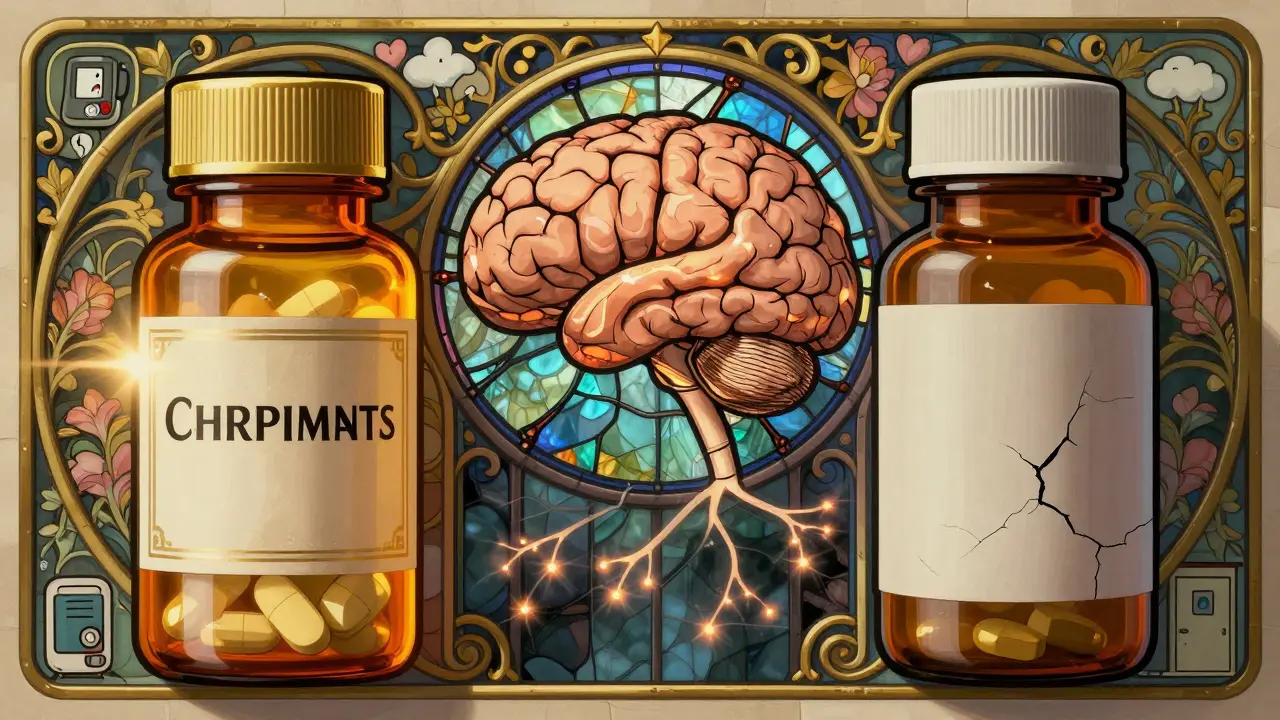A split-brain illustration showing glowing neural pathways for brand-name versus generic pills, surrounded by Art Nouveau floral patterns.