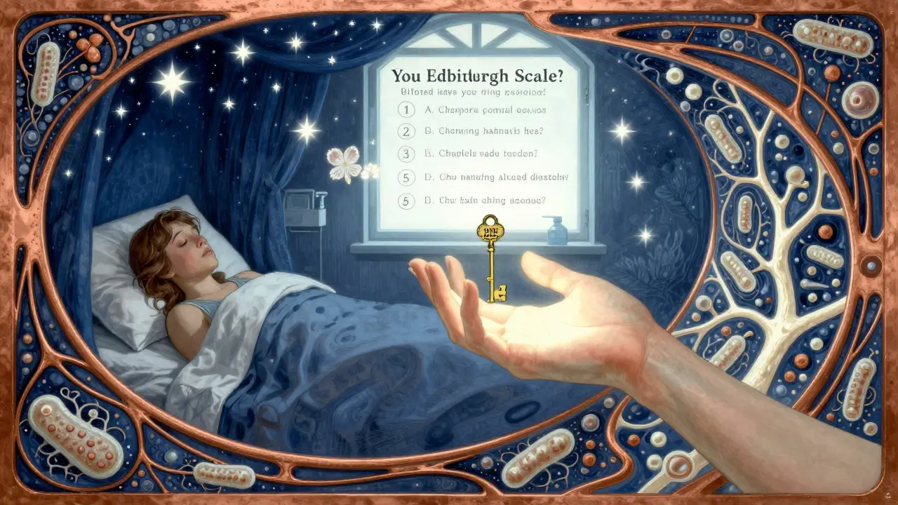 A weary parent offered a key by a microbial hand, with healing questions floating as flowers in Art Nouveau design.