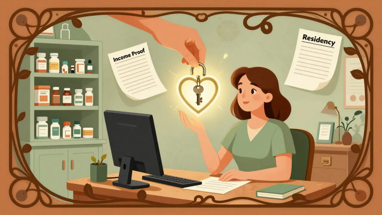 A woman at a clinic desk is helped by a glowing hand placing a heart-shaped key.