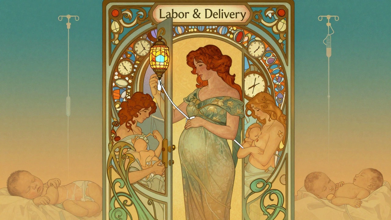 A woman at labor&#039;s threshold holding a glowing glucose monitor, surrounded by nurturing symbols of care.