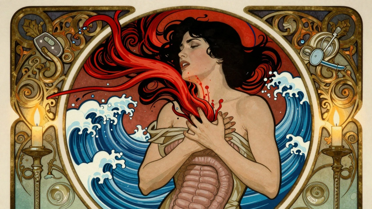 A woman in distress surrounded by chaotic red muscle spasms, contrasted with calm blue swallowing waves in Art Nouveau style.