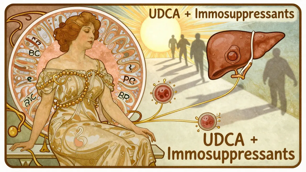 A woman surrounded by floating liver disease symbols connected by golden threads, symbolizing immune confusion.