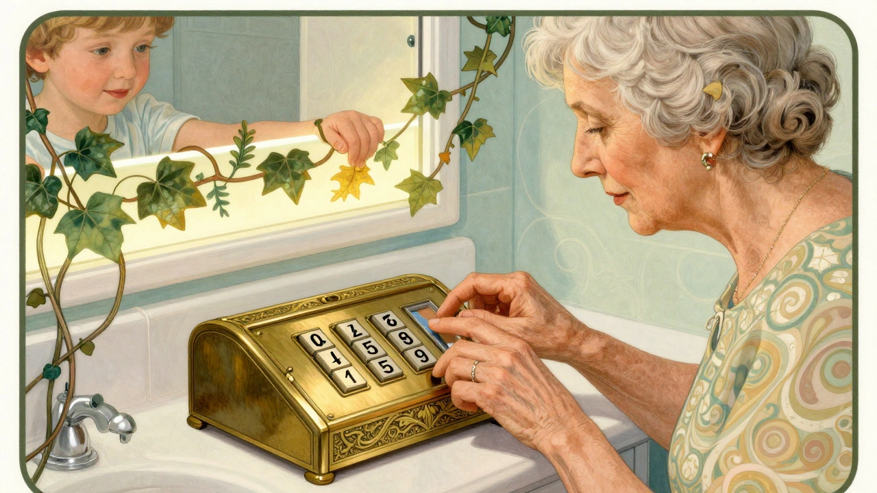 An elderly woman using a decorative lockbox with a code keypad, while a child’s hand is blocked by swirling protective vines.
