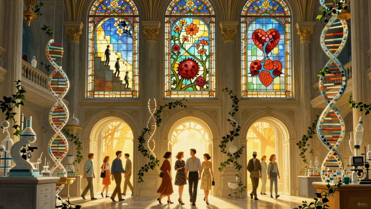 An ornate laboratory with stained-glass trial phases and diverse patients walking toward light, rendered in Art Nouveau advertising style.