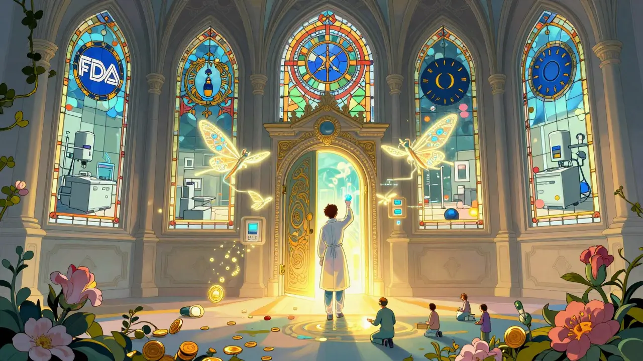 Cathedral-like pharmaceutical facility with stained glass showing cleanroom grades and dragonfly sensors.